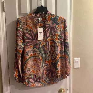 100% silk new with tags multi colored long sleeved blouse